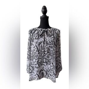 New York & Company Monochrome Loose Fit Paisley Blouse with Tie in Front